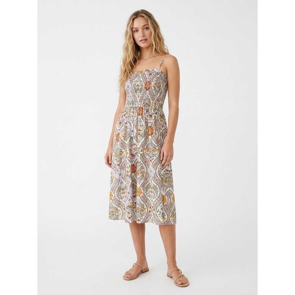 Derek Lam 10 Crosby Boho Cottagecore Smocked Floral Linen Midi Tube Dress 6